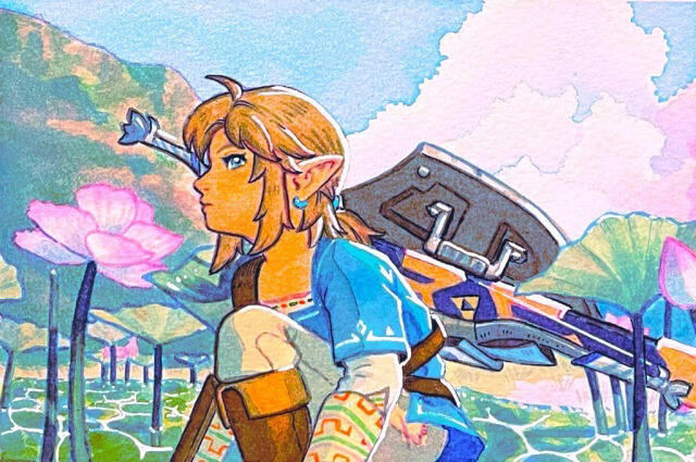 Link from Zelda: Breath of the Wild surrounded by lotus flowers