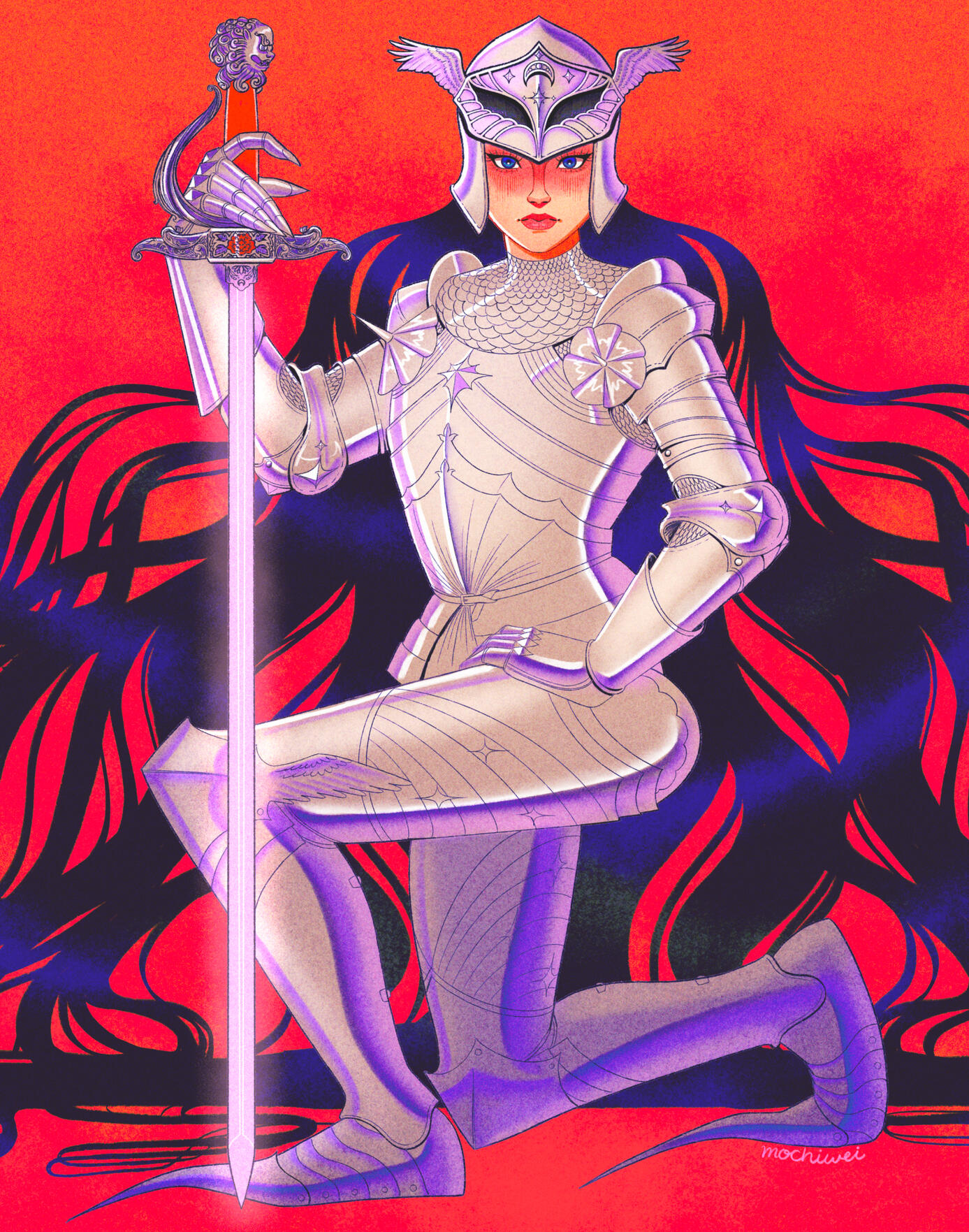 An illustration of a woman in a suit of armor. She kneels down on one knee and holds a sword in her right hand. She has flowing black hair coming out of her helmet.